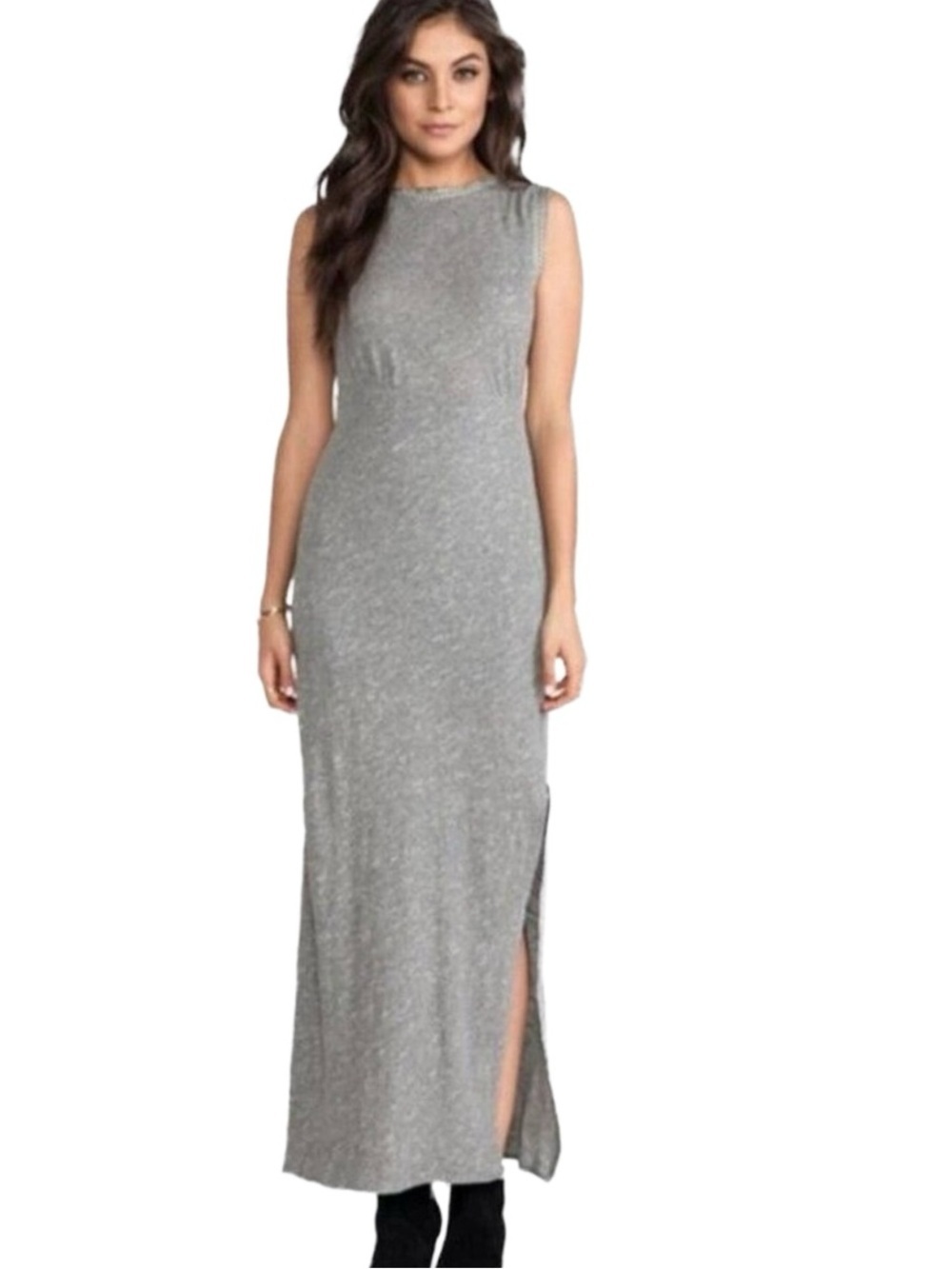 Free People grey sleeveless sabrina front  slit maxi dress